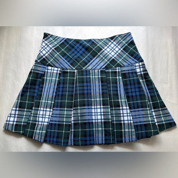 American Eagle Outfitters Blue and Green Plaid Pleated Skater Mini Skirt Sz 0 - Picture 1 of 9